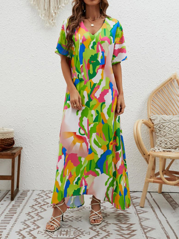 Contrast Color High-Waisted Printed Loose Short Sleeves V-neck Maxi Dresses