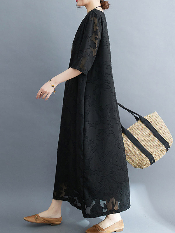 Jacquard See-Through Solid Color Loose Three-quarter Sleeves Round-neck Midi Dresses
