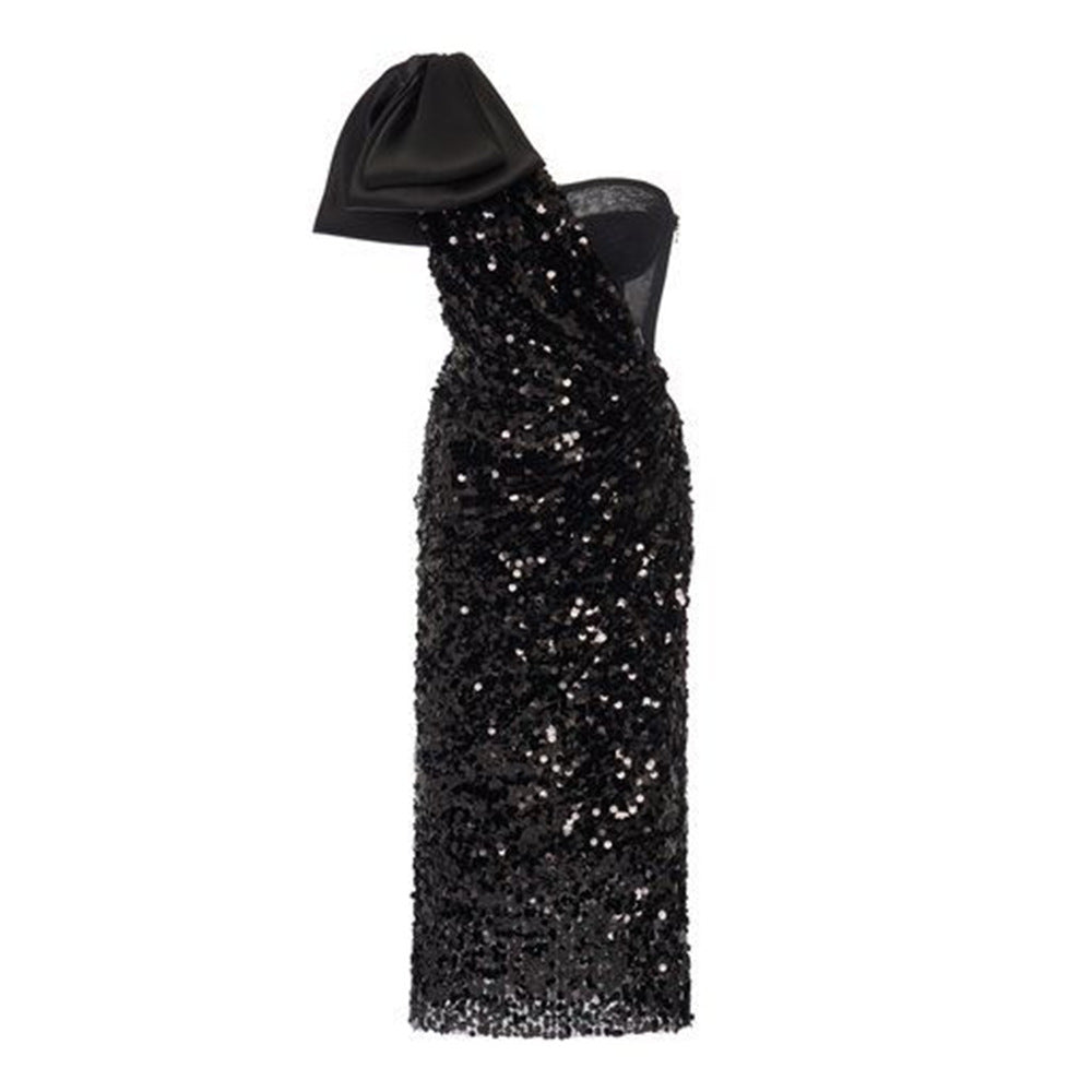 One Shoulder Bowknot Decor Sequins Dress