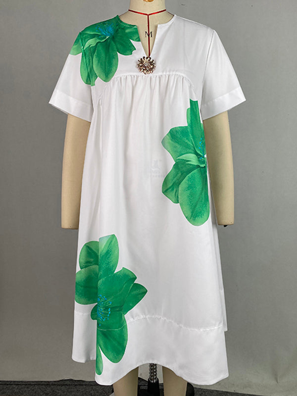 Flower Print Pleated A-Line Loose V-Neck Midi Dresses