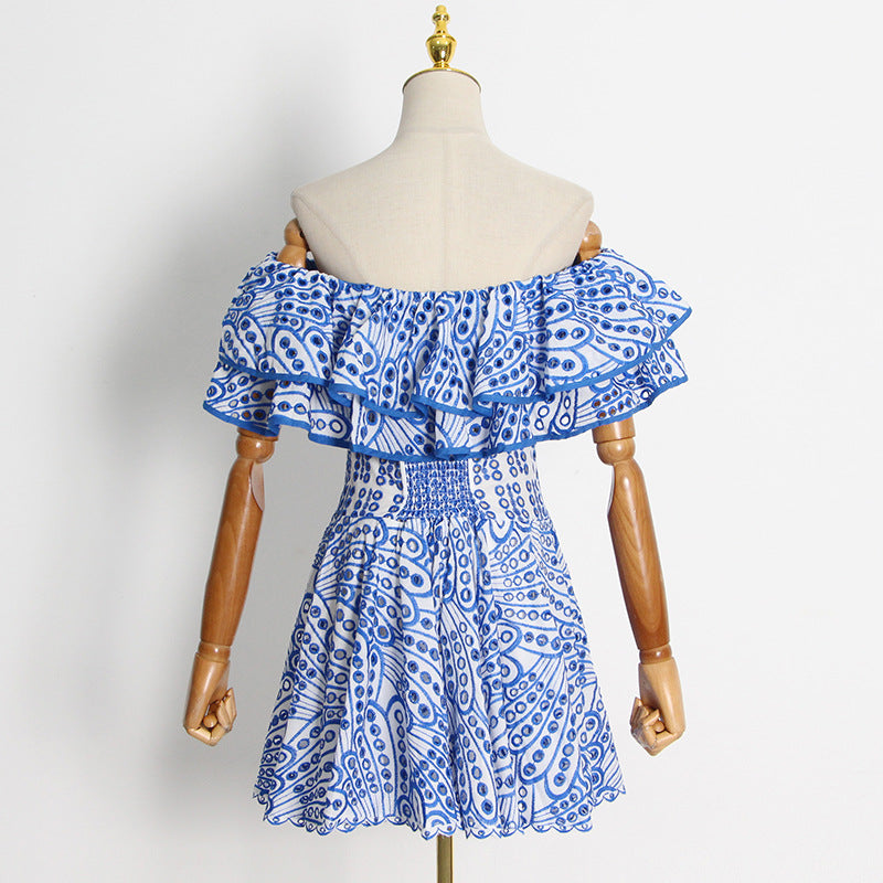 Double Ruffle Embroidery Hollow Out Mini Dress