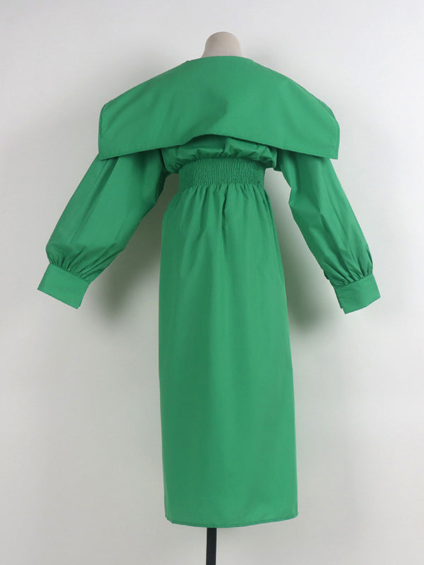 Asymmetric Belted Pleated Solid Color High Waisted Long Sleeves Lapel Midi Dresses