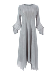 Pleated Solid Color Irregular clipping Loose Round-neck Midi Dresses