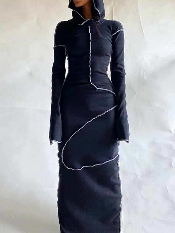 Solid Color Split-Joint Long Sleeves Plus Size Hooded Maxi Dresses