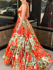 Flower Printed Sleeveless Bandage Spaghetti-Neck Elegant Maxi Dresses