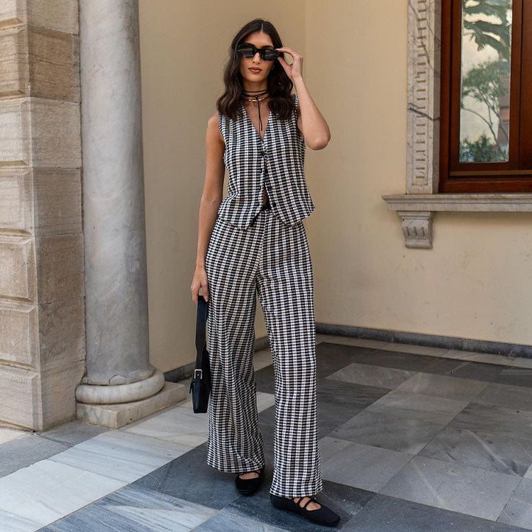 Fashion Plaid Printed Top and Pants Set