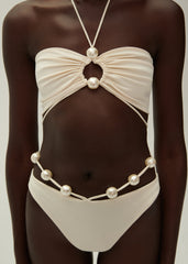 Halterneck Pearl Bandeau High Waist Bikini Swimsuit and Sarong (Shipped on Jan 13th)