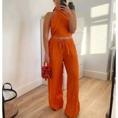 Fashion Temperament Orange Halter Solid Color Two Piece Set