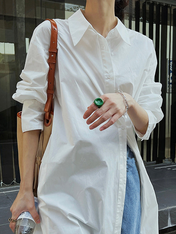 Asymmetric Solid Color Long Sleeves Loose Lapel Shirt Dress