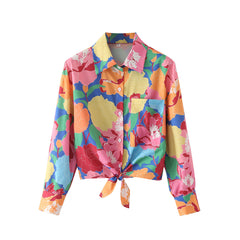 Bandage Bowknot Design Blossom Printed  Shirt