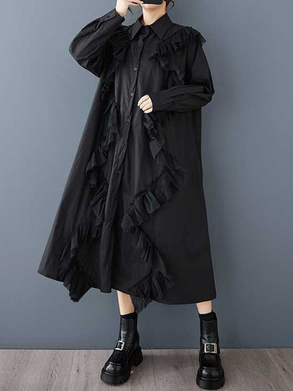 Buttoned Split-Joint A-Line Long Sleeves Lapel Shirt Dress Midi Dresses