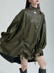 Drawstring Pleated Solid Color High-Low Long Sleeves Stand Collar Mini Dresses