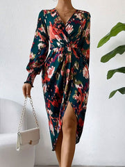 Elasticity Floral Printed Long Sleeves Loose V-Neck Shirt Dress Midi Dresses