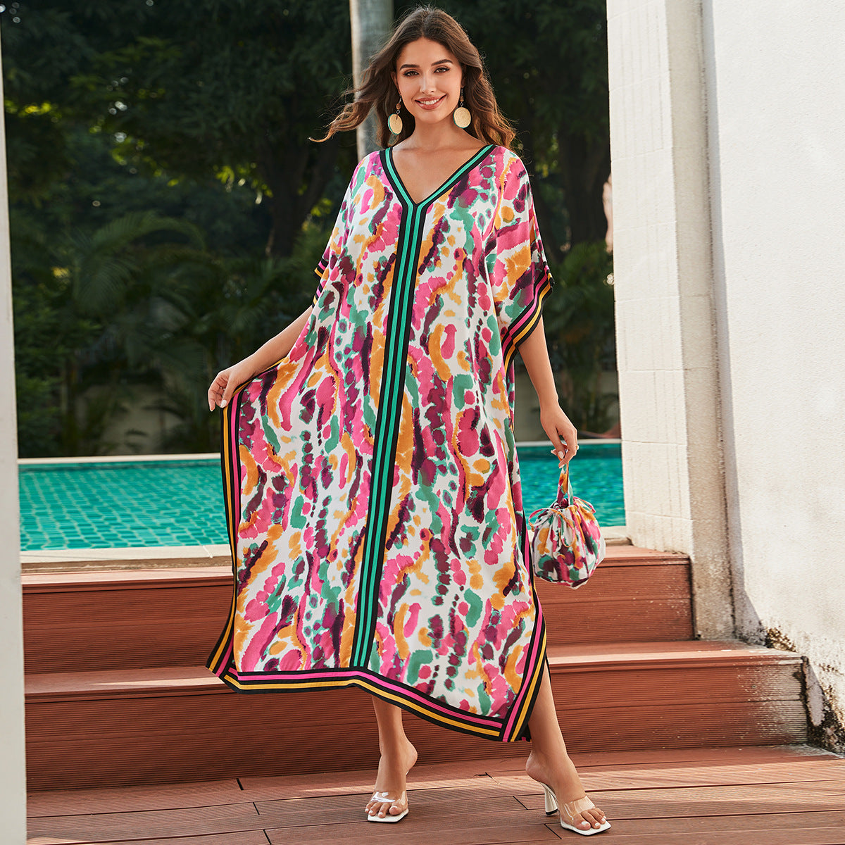 V Neck Printed Dolman Sleeve Cover Up
