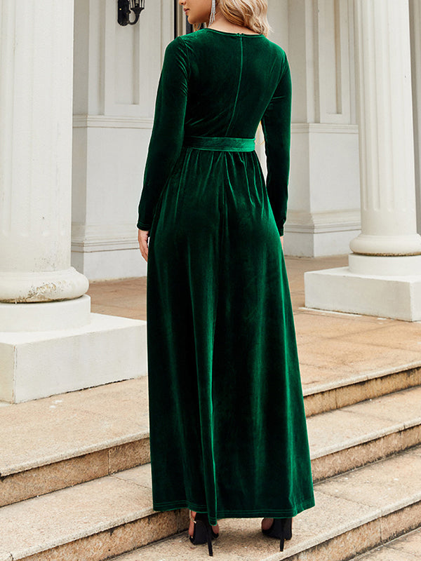 Belted Pleated Solid Color Zipper Long Sleeves Wrap Round-Neck Maxi Dresses