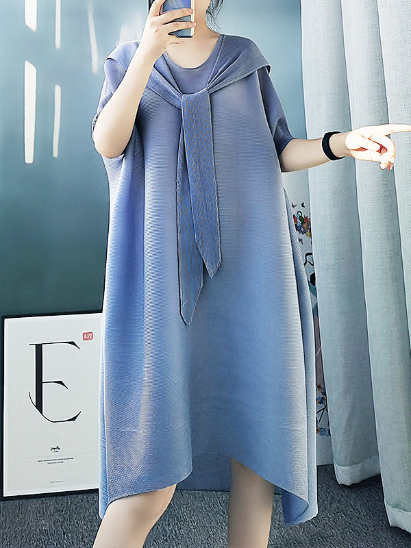 Lace-Up Pleated Batwing Sleeves Loose Hooded Midi Dresses