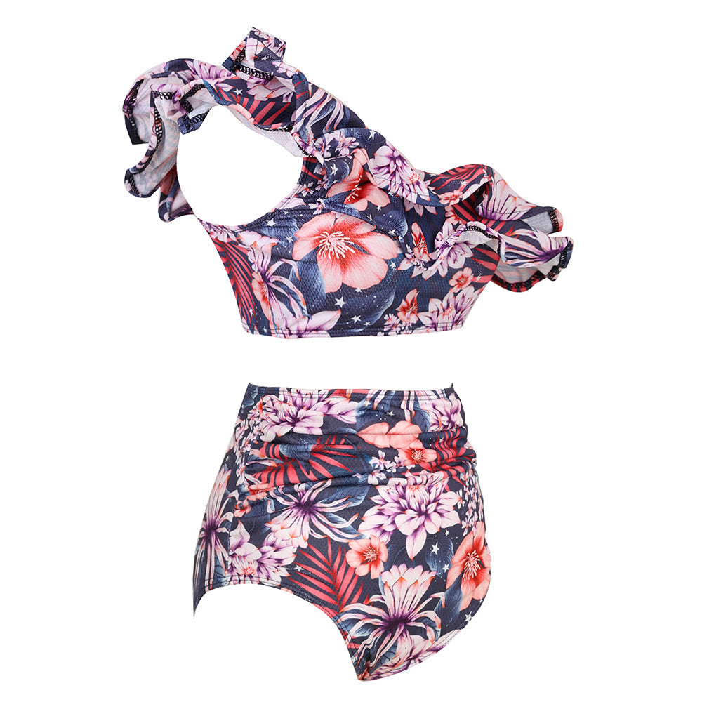 One Shoulder Ruffled White High Waist Bikini Swimsuit Flaxmaker