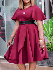Belted Solid Color Irregular clipping Plus Size Round-neck Midi Dresses