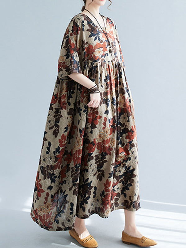 Floral Printed Loose Puff Sleeves Round-Neck Midi Dresses