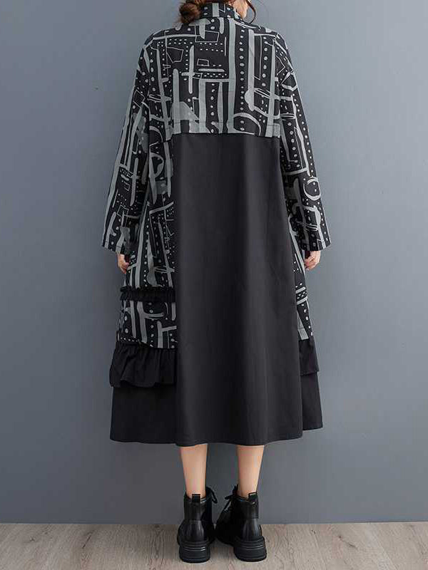 Asymmetric Buttoned Printed Split-Joint A-Line Long Sleeves Lapel Midi Dresses