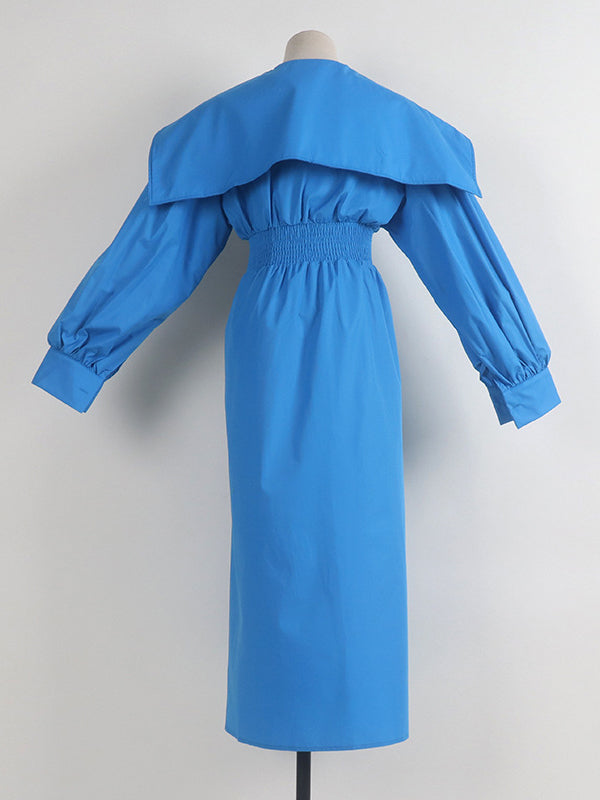 Asymmetric Belted Pleated Solid Color High Waisted Long Sleeves Lapel Midi Dresses