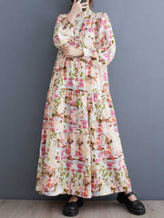 Pleated Printed Split-Joint Long Sleeves Loose Stand Collar Shirt Dress Midi Dresses