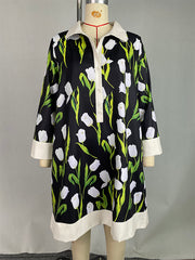 Buttoned Flower Print A-line Loose Stand Collar Mini Dresses