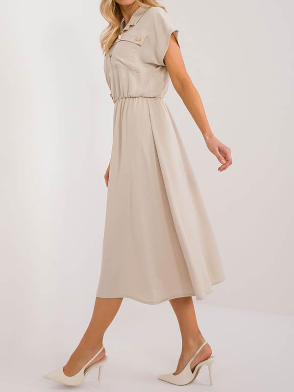 Buttoned Pleated Solid Color A-Line High Waisted Lapel Midi Dresses