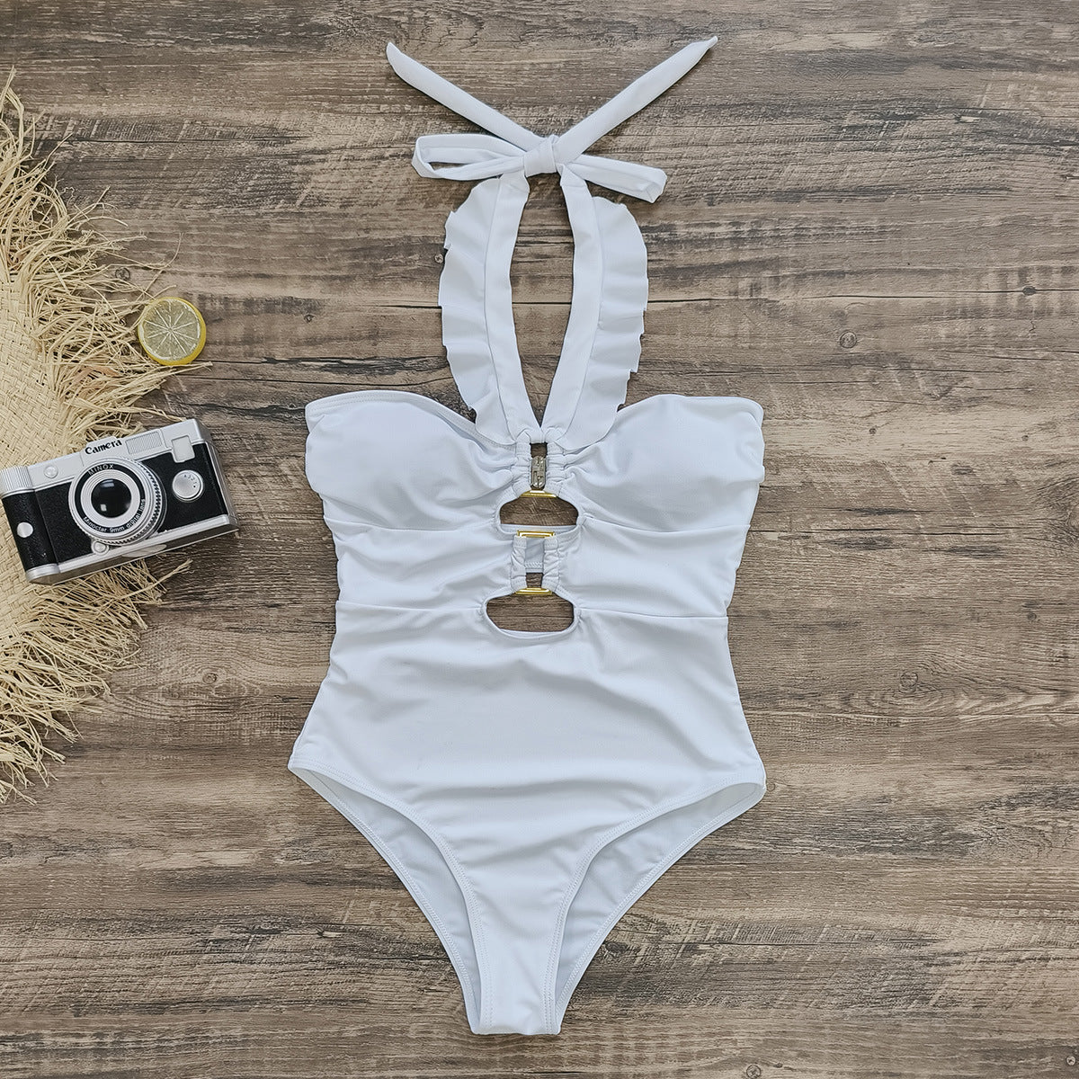 Ruffle Cutout Halter One Piece Swimsuit
