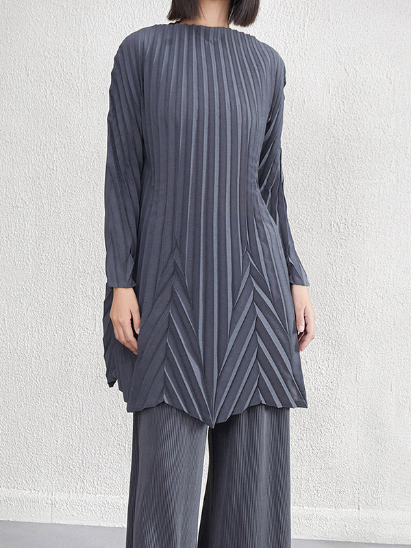 Pleated Solid Color A-Line Long Sleeves Round-Neck Mini Dresses