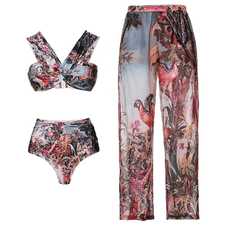 Flaxmaker Off Shoulder Paraiso Printed Bikini Swimsuit and Beach Skirt