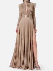 Long Sleeves Pleated Solid Color Split-Side V-Back High-Neck Evening Dresses Maxi Dresses