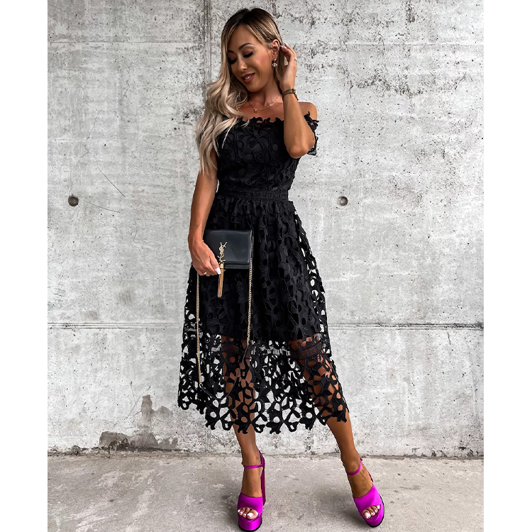 Off Shoulder Lace Waist Midi Dress