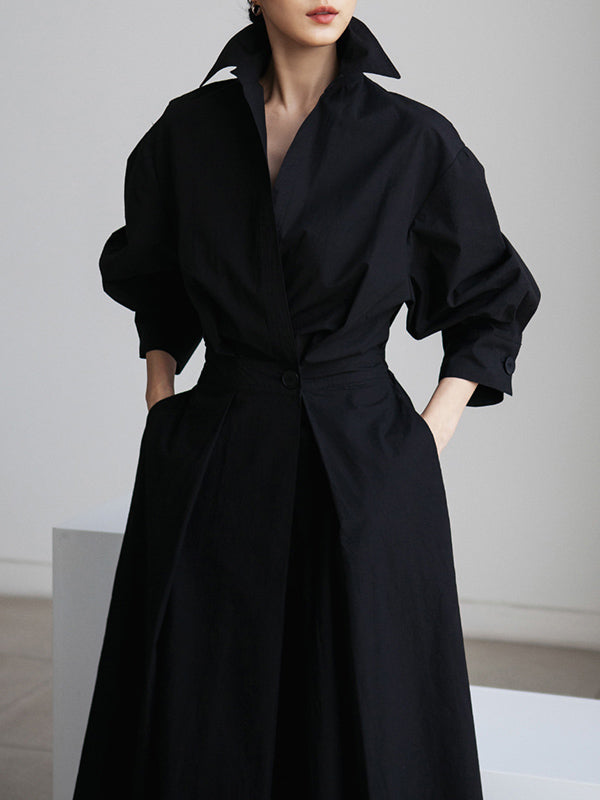 Buttoned Solid Color Long Sleeves Loose Lapel Midi Dresses