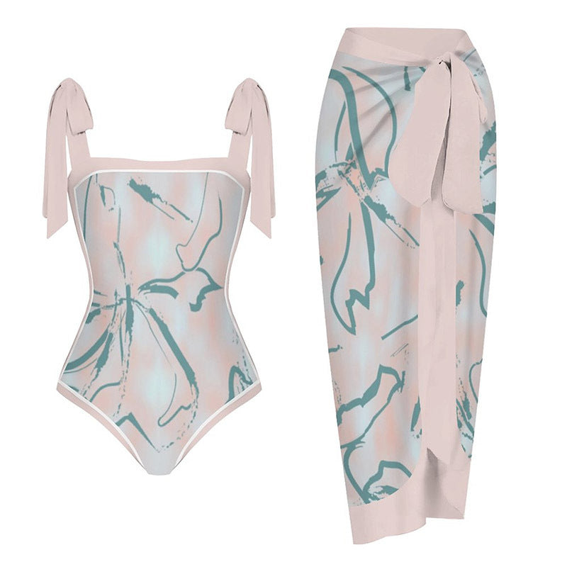 Tie-shoulder Printed One Piece Swimsuit and Sarong