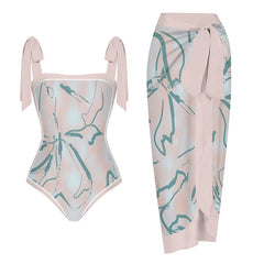Tie-shoulder Printed One Piece Swimsuit and Sarong