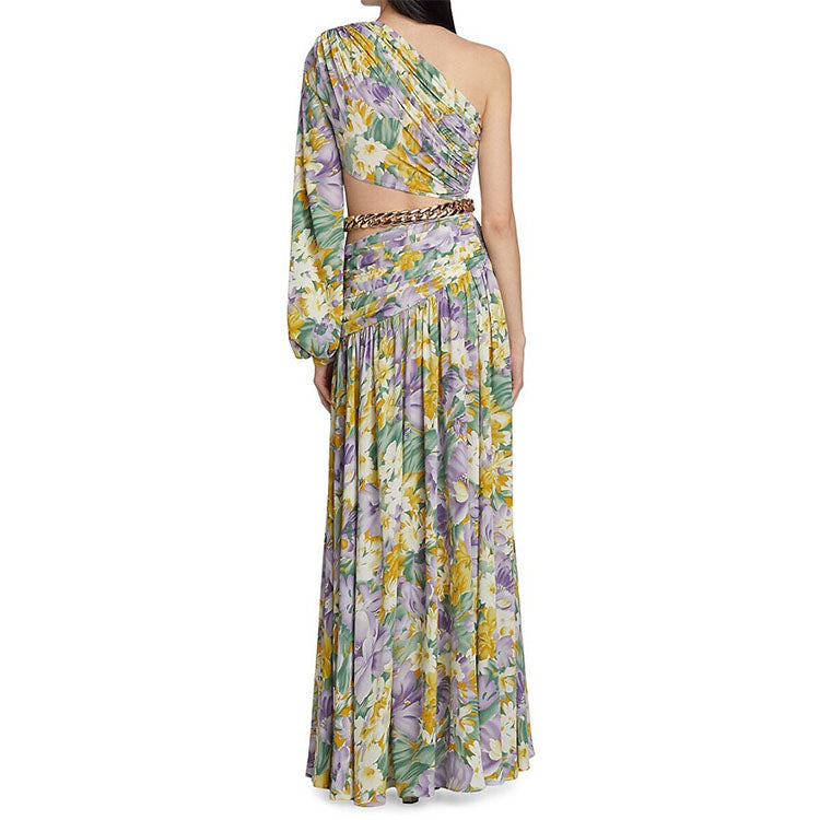 One Shoulder Cut out Floral Printed Dress