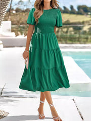 Elasticity Pleated Solid Color Split-Joint High Waisted Loose Round-neck Midi Dresses