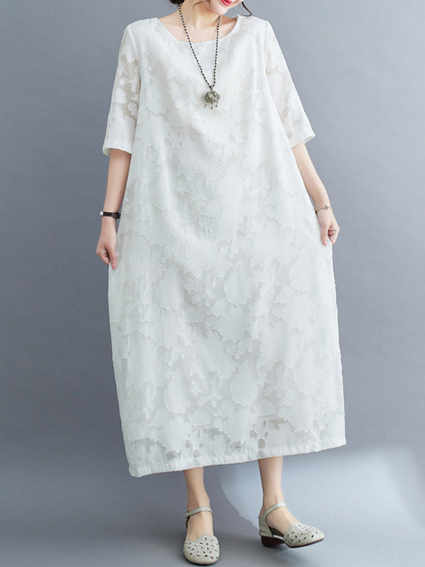 Jacquard See-Through Solid Color Loose Three-quarter Sleeves Round-neck Midi Dresses