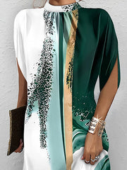 Printed Loose Short Sleeves Mock Neck Short Dresses Mini Dresses