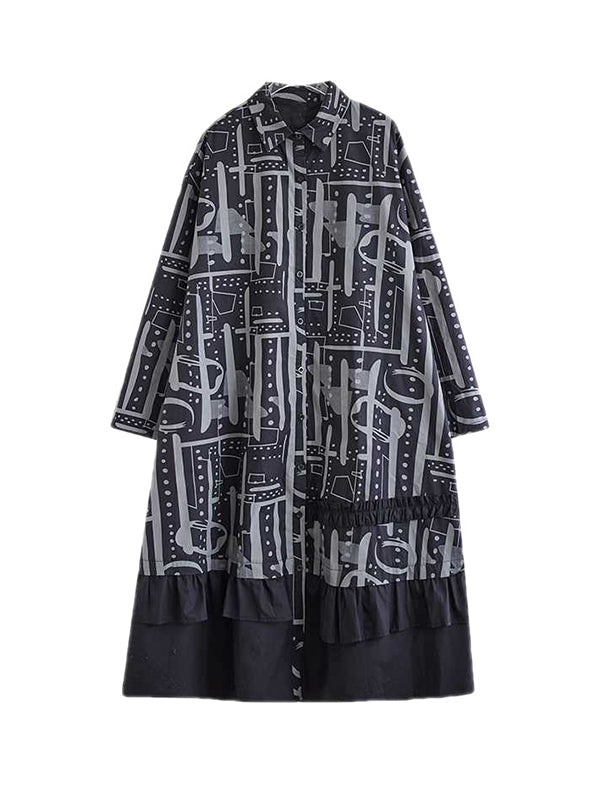 Asymmetric Buttoned Printed Split-Joint A-Line Long Sleeves Lapel Midi Dresses