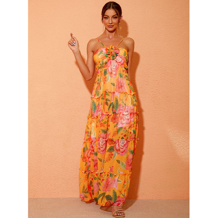 3D Flower Halter Printed Maxi Dress Flaxmaker
