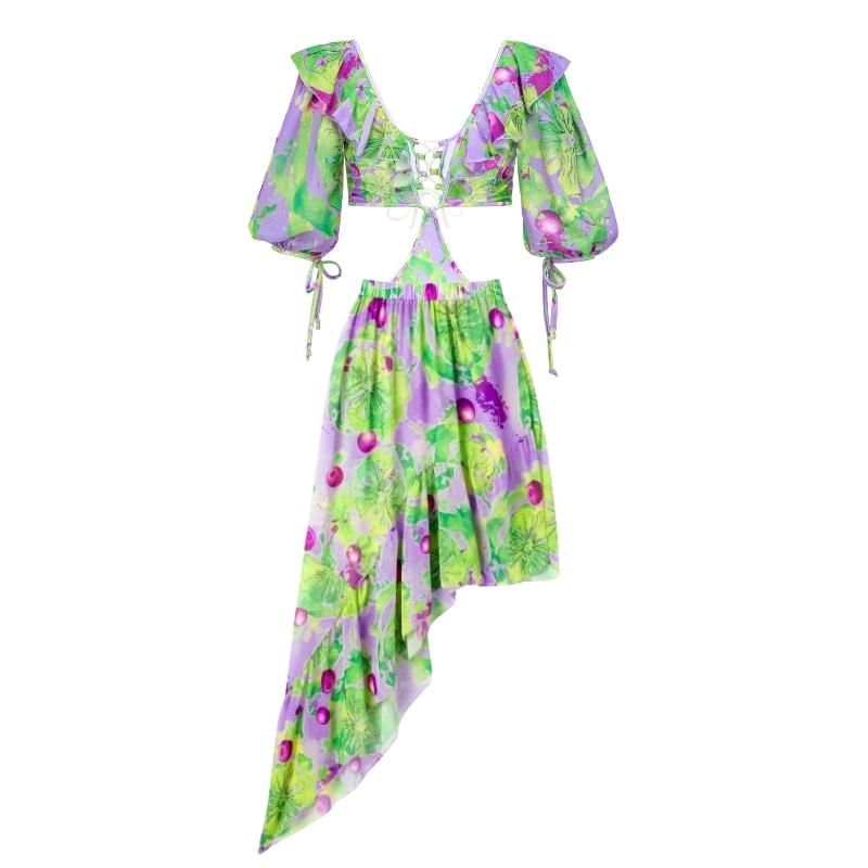 Removable Sleeves Printed One Piece Swimsuit and Skirt Flaxmaker