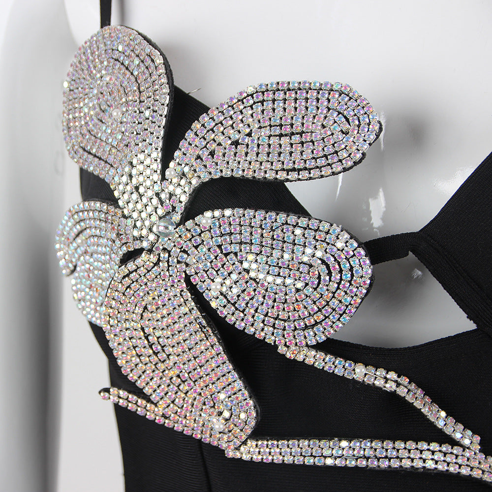 Black Sling Rhinestone Decor Mini Dress