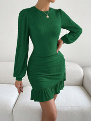 Pleated Ruffle Trim Solid Color Split-Joint Bodycon Long Sleeves Round-Neck Mini Dresses