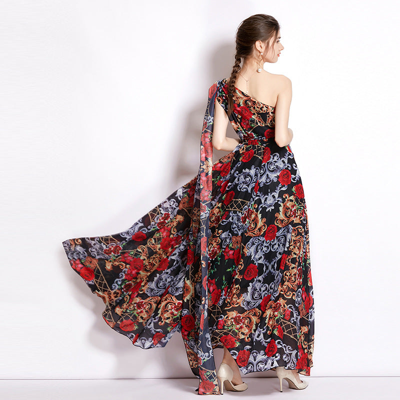 Flaxmaker Blossom Printed One Shoulder Lace Up Maxi Chiffon Dress