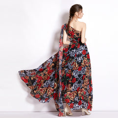 Flaxmaker Blossom Printed One Shoulder Lace Up Maxi Chiffon Dress