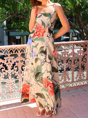 Flower Printed Sleeveless Spaghetti-Neck Elegant Maxi Dresses