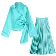 Flaxmaker V Neck Blue Solid Color Bouffant Two Piece Set