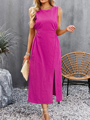 Hollow Solid Color Split-side Sleeveless Round-neck Midi Dresses